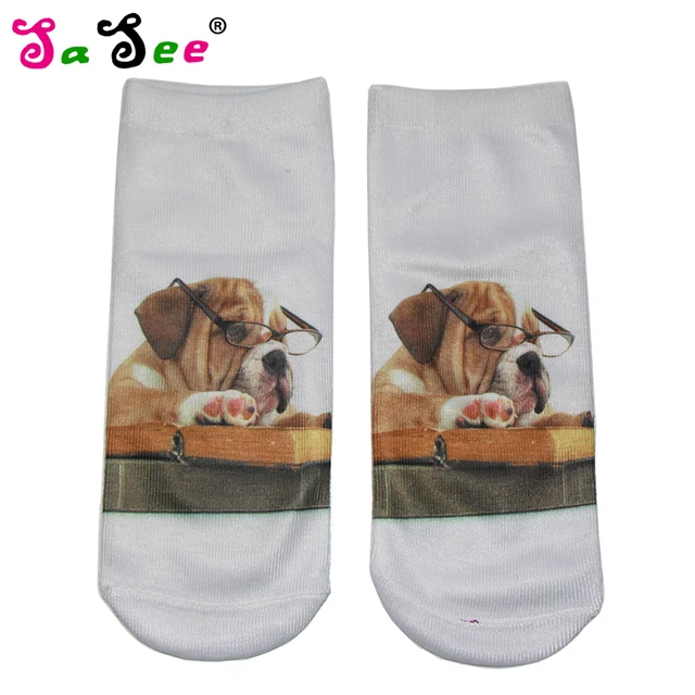 437 51 De Réductionhot 3d Imprimer Chaussettes Bas Coupe Cheville Chaussettes Femmes Blanc Couleur Chien Avec Lunettes Modèle été Confortable