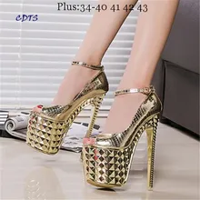 Crossdresser Plus:34-39 Summer Sandals 19/20cm thin high heels Female Shoes Gold/Sliver Platform Women Ankle strap party Pumps