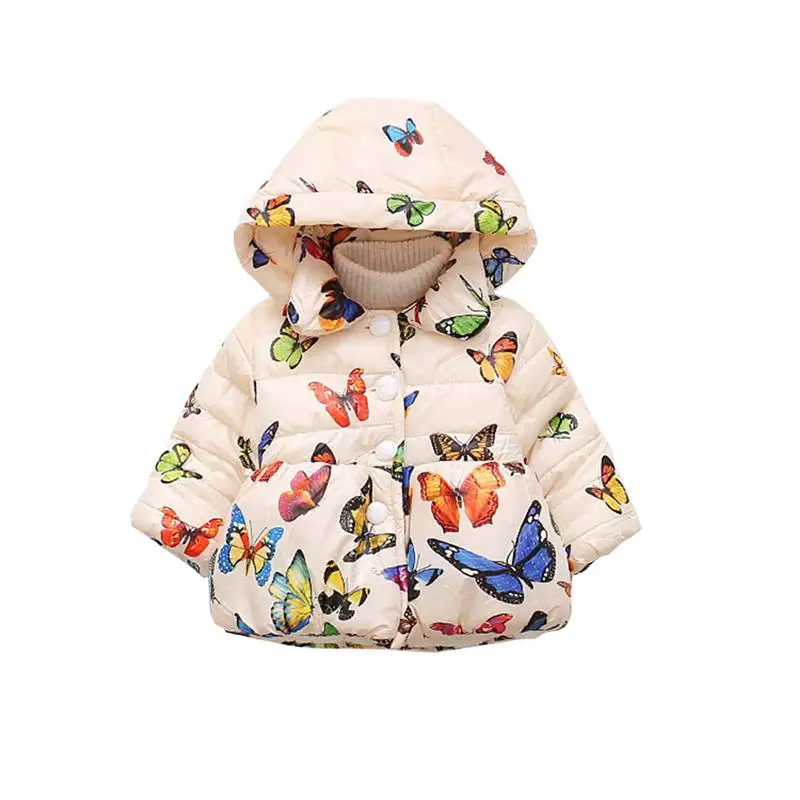 Зимняя плотная верхняя одежда для маленьких девочек; куртка с капюшоном и бабочками - Цвет: white