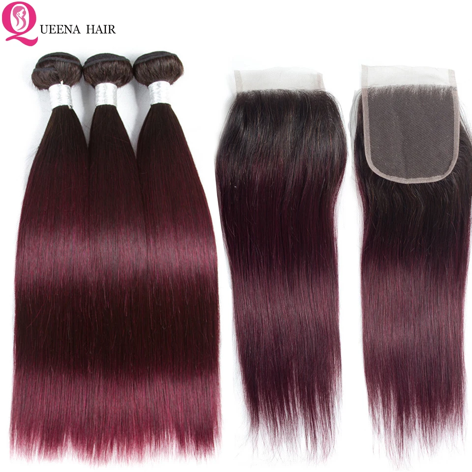 

Queena 1B 99J Ombre Straight Hair Bundles With Closure Remy Peruvian Straight Human Hair Weave 3 Bundles With Closure Colored