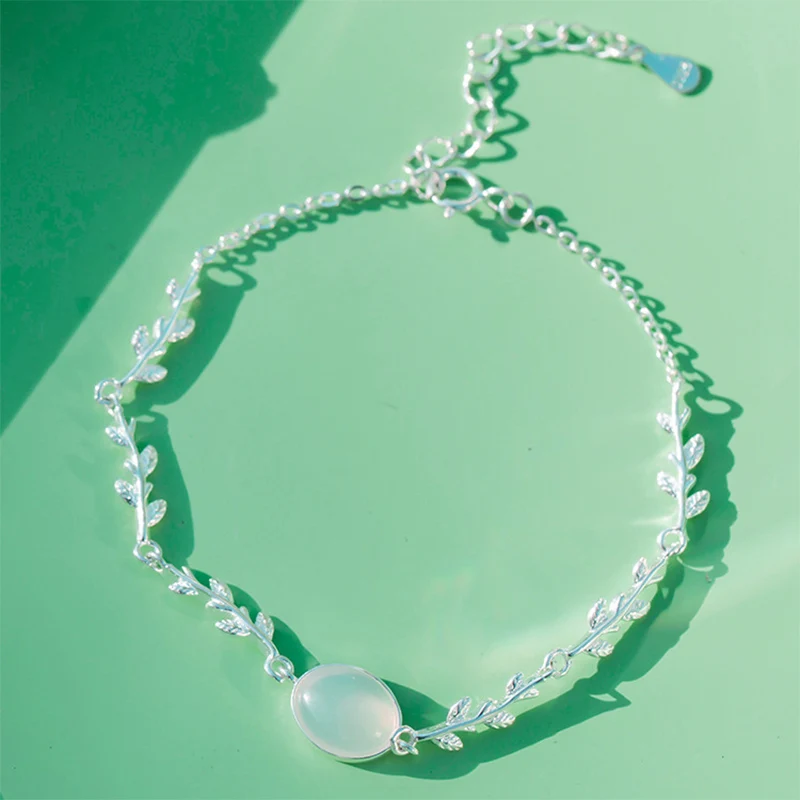 

INALIS New Delicate Best Gift for Girl Friend 925 Sterling Silver Leaf Shape Chain with Single Oval White Crystal Charm Bracelet