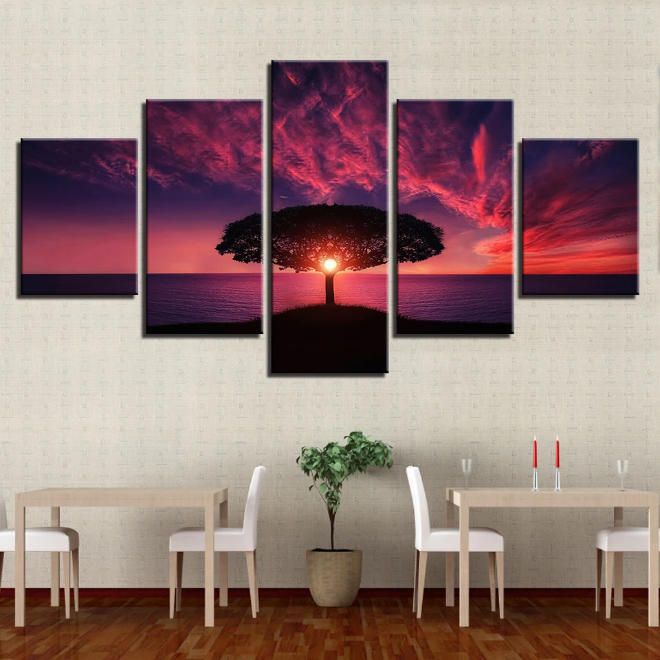 Холст Картины Wall Art рамки 5 шт. дерево красный закат на море пейзаж картины HD