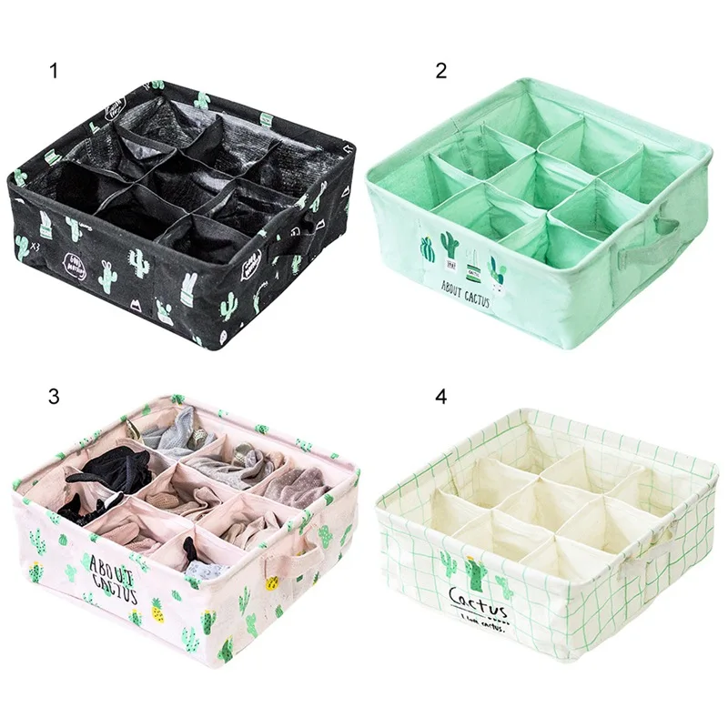 

9 Grids Cotton Linen Storage Basket Box with Cactus Pattern for Underwear Socks Storage Sort Out Simple and Neat