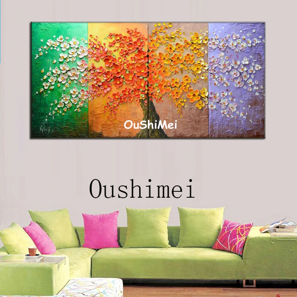 

Hand Wall Painting Knife Paintings Colorful Picture On Canvas Four Seasons Trees Oil Painting Landscape Pictures For Room