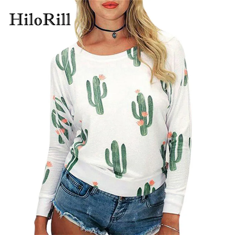 HiloRill толстовки Для женщин Толстовка Harajuku Повседневное кактус печатные Crewneck