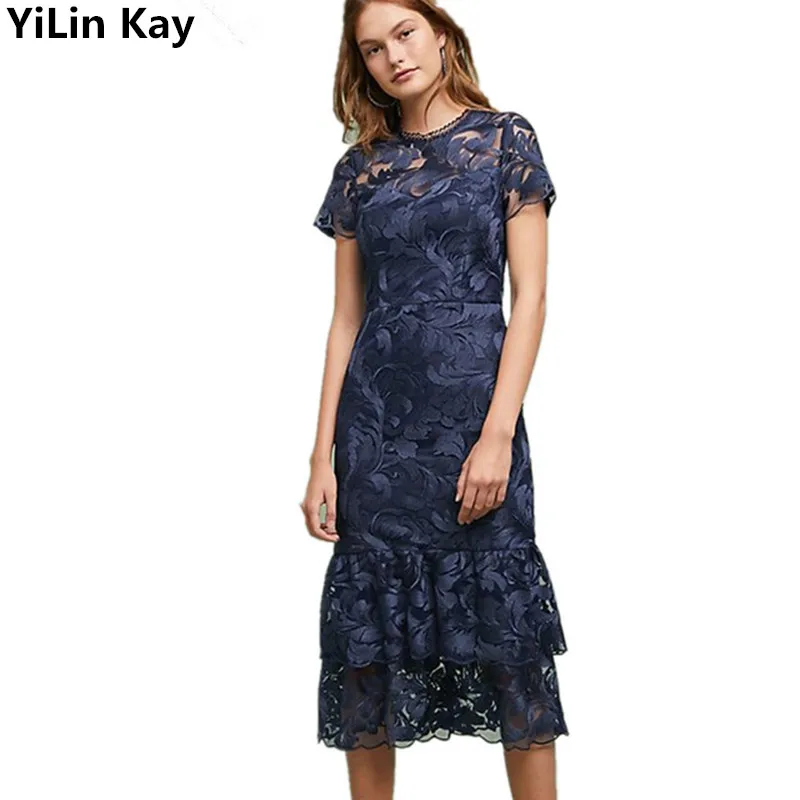 

New 2019 Flower Mesh Embroidery Lace Dress Women Spring Summer Women's Elegant Short Sleeve Slim Runway Dress