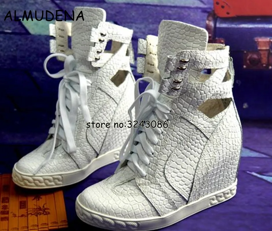 White Crocodile Leather Women Lace Up Ankle Boots Spring Autumn Casual Shoes Height Increasing High Platform Woman Short Boots White Crocodile Leather Women Lace Up Ankle Boots Spring Autumn Casual Shoes Height Increasing High Platform Woman Short Boots