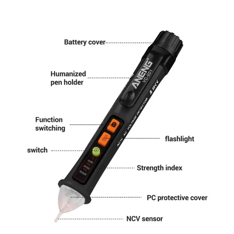 AC 12 V-1000 V Тестер Напряжения Ручка Бесконтактный детектор напряжения ручка регулируемый диапазон зуммер звуковой светильник сигнал тревоги вспышка светильник VD901
