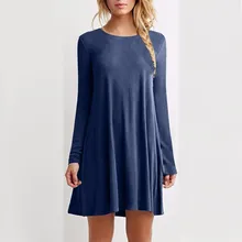 Girls Brief Style A Line Solid Full SLeeve Above Knee Natural O Neck Red Black Gray Green Blue Spring Women Basic Mini Dress