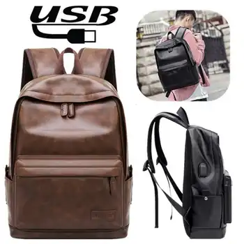

Men USB Backpack Waterproof Back pack Fashion PU Leather Travel Bag Casual Black School Bag Leather Bookbag Feminine Mochila