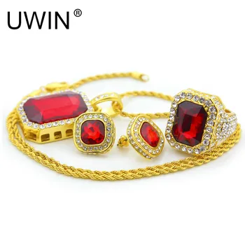 

UWIN Hip Hop Men Jewelry Set Gold Color Iced Out Rhinestone Square Crystal Rings With Stud Earring Pendant Necklace 3pcs Set