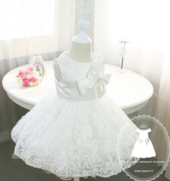 Elegant Baby Flower Girl Dresses with bow Newborn Party Dress Christening dress baptism gown Tulle 1st birthday dress