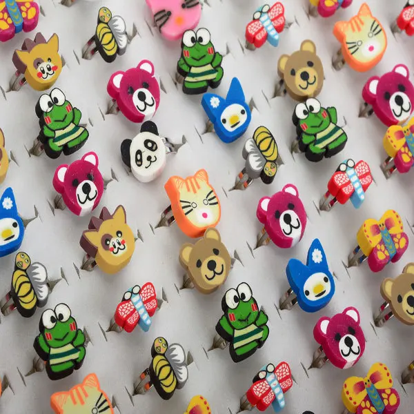 

Wholesale 100Pcs/lot Kids Children Cute Animal Rings Mixed Styles Animal Polymer Clay Alloy Adjustable Rings For Love Gift