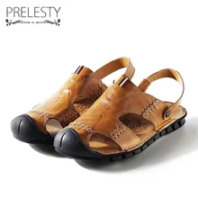 Prelesty летние мужские босоножки с закрытым носком торжественное платье скольжения на обувь Freash прохладный два Стиль Разделение из коровьей кожи классической Тапочки