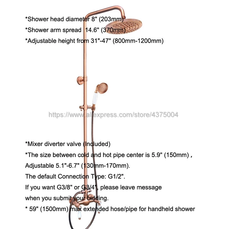 Antique Red Copper Bathroom Shower Faucet Set Double Handle 8" Rainfall Shower System with Handshower Nrg586