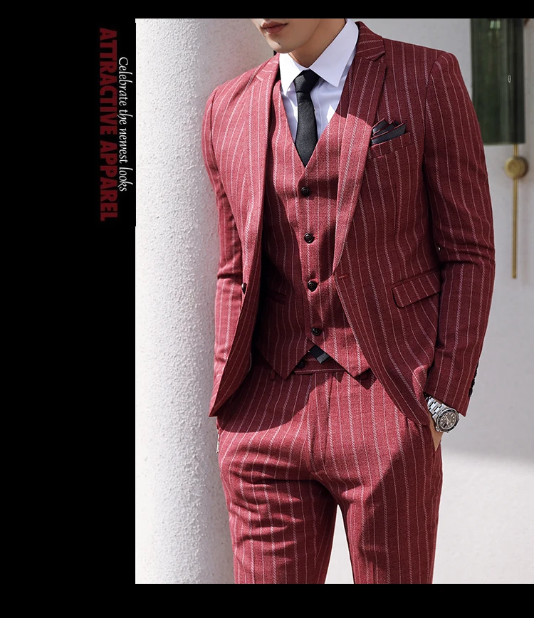 Пиджак+ жилет+ брюки), новинка, мужской модный бутик, полосатый деловой повседневный костюм, комплект из трех предметов, Свадебный костюм жениха, мужской костюм