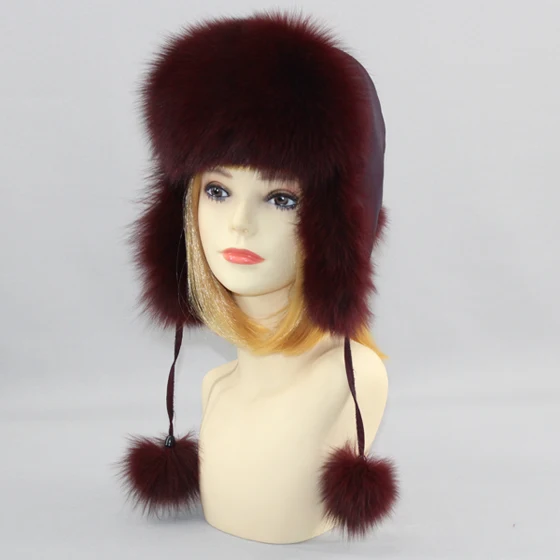 New Winter Women Lovely Real Fox Fur Hats Natural Fox Fur Winter Quality Thick Warm Fox Fur Bomber Hat - Цвет: wine