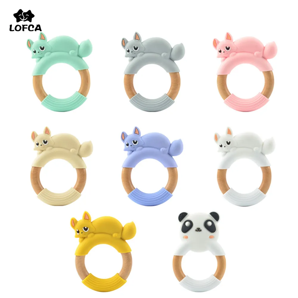 

LOFCA 1PC Silicone Fox Panda Wooden Ring Baby Teether Food Grade Baby Teething Toys Nursing Accessories Chew Gifts Baby Product