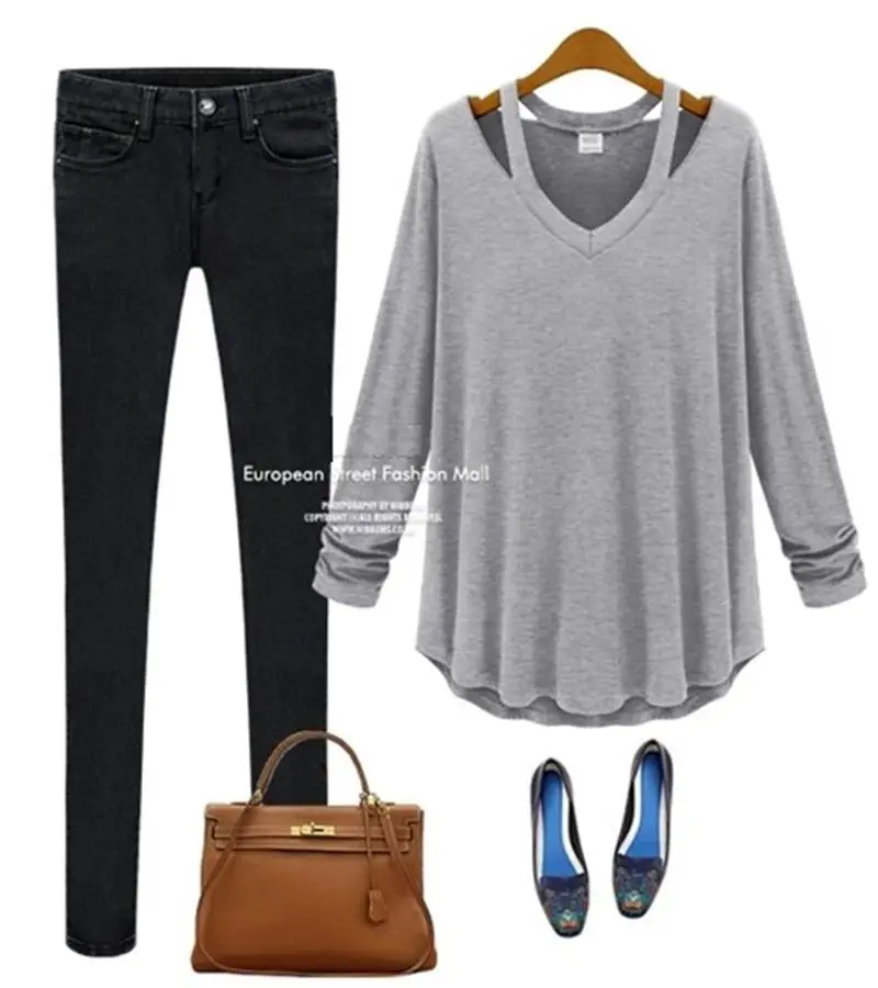 Женская Повседневная рубашка размера плюс, с v-образным вырезом, с открытыми плечами, хлопковая блузка с длинным рукавом, топы, футболки, модная блузка, сорочка для женщин C14 - Цвет: Gray