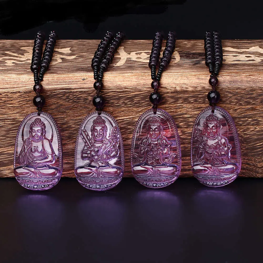 Yumten Аметист ожерелье натуральный камень Кулон Будда Страж из бисера цепь подарок на удачу Кристалл Резные ювелирные изделия для женщин мужчин Готический лиса