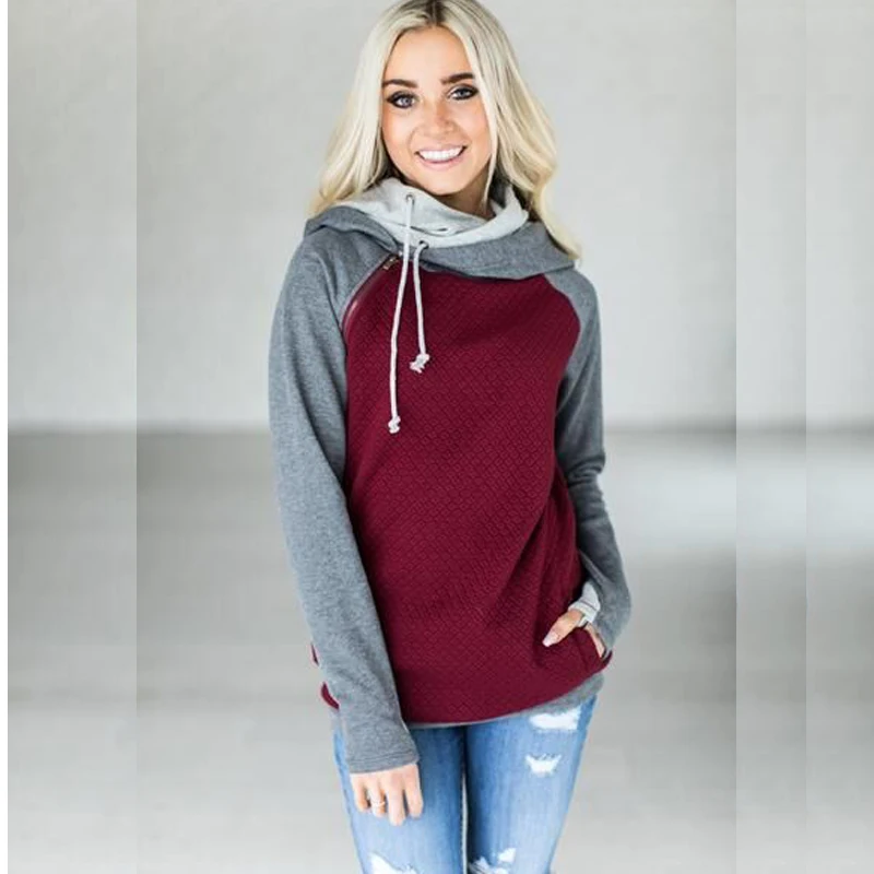 High quality warm women casual hooded patchwork sweatshirt long sleeve