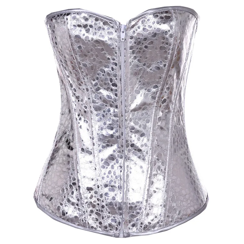 S XXL Sexy Gold Silver Glitter PVC Zipper Gothic Overbust Corsets and