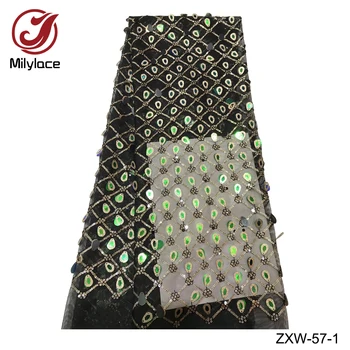 

Shiny high-end nigerian lace fabric with sequins rhinestons mesh lace 5 yards for party decorations ZXW-57