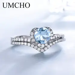 UMCHO Твердые 925 пробы серебряные кольца Небесно голубой топаз красочные драгоценные камни двойной для женщин юбилей подарок