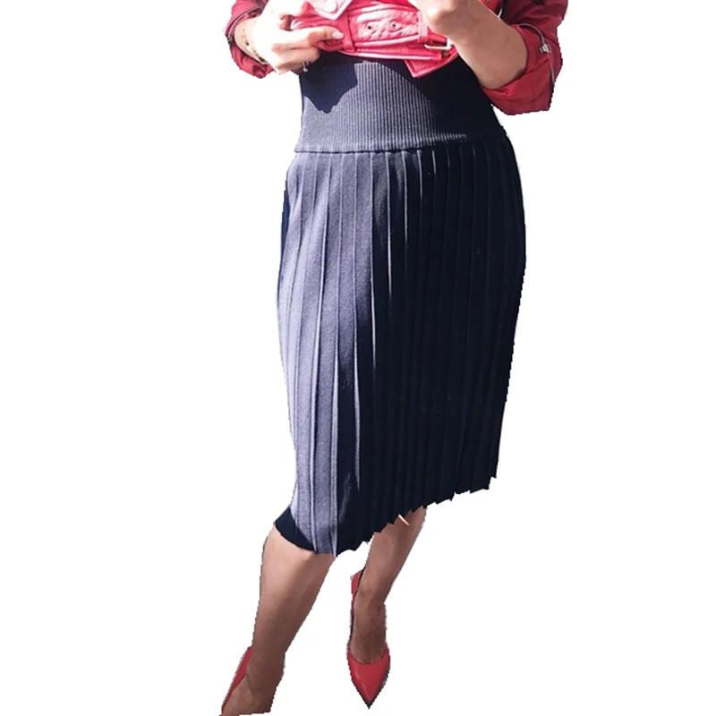 

New Women's pleated skirt high waist Euro-American Fashionable elegant Autumn-Winter knitted skirt in high quality