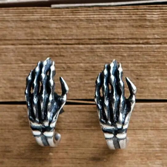 Готичный панк стиль Призрак Череп ручной настоящий Винтаж 925 стерлингового серебра серьги ушной Коготь Череп серьги-гвоздики ювелирные украшения