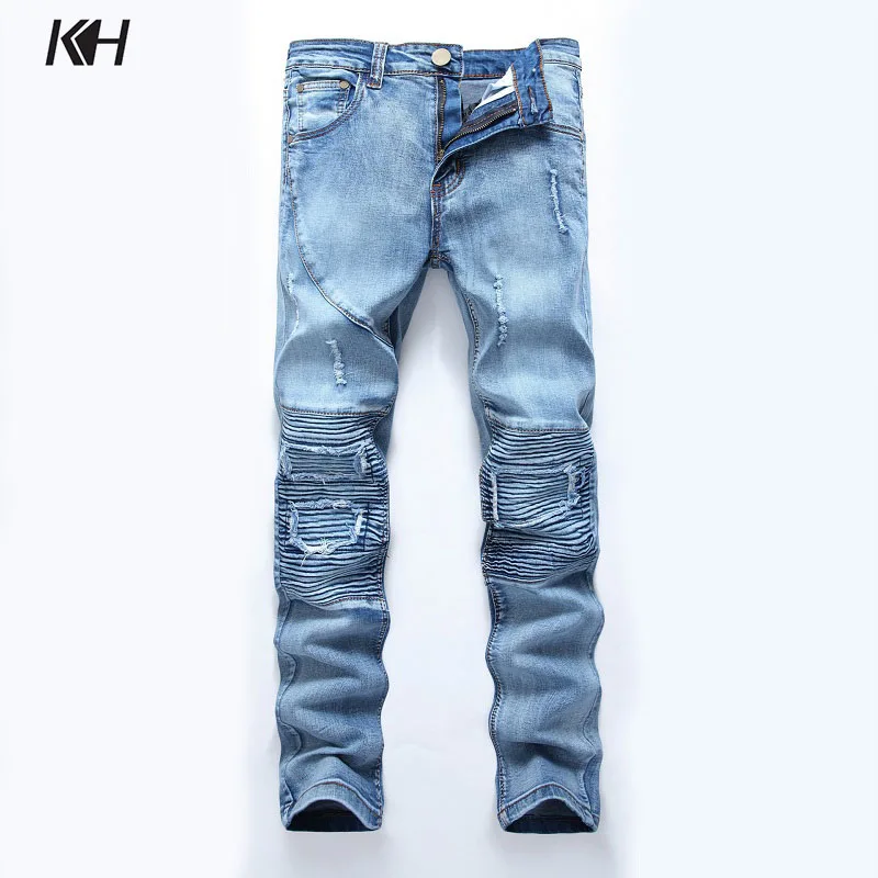 KH Высокое качество модные для мужчин рваные high Street мужские узкие джинсы Fit эластичный светло голубой джинсовые штаны в байкерском стиле