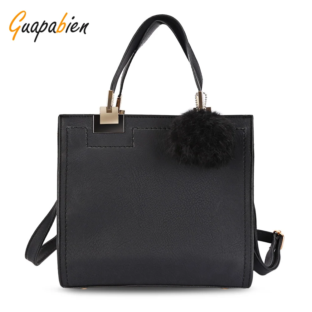 

Guapabien Fashion OL Dress Tote Bag Women Frosted PU Leather Large Shoulder Bag Hairball Quadrate Tote Bag for Ladies