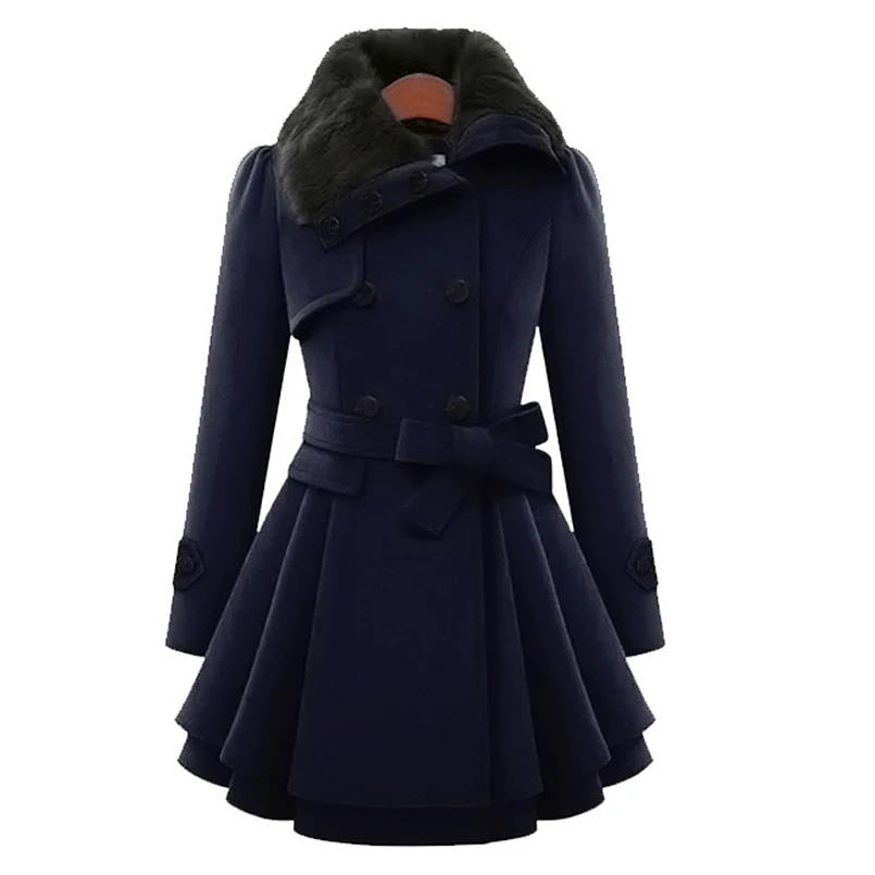 Большие размеры 4XL, зимнее женское длинное теплое рождественское пальто, двубортное пальто трапециевидной формы, однотонное женское осеннее плотное шерстяное пальто