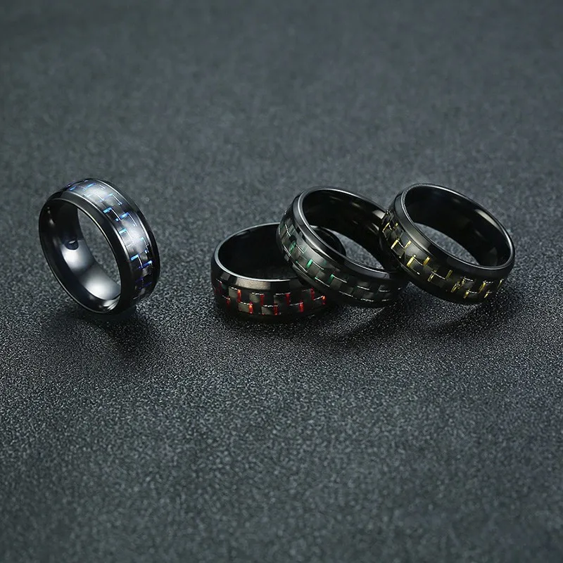 

4PCS Men's Stainless Steel Black IP-plated with Carbon Fiber Wedding Band Ring for Men Jewelry