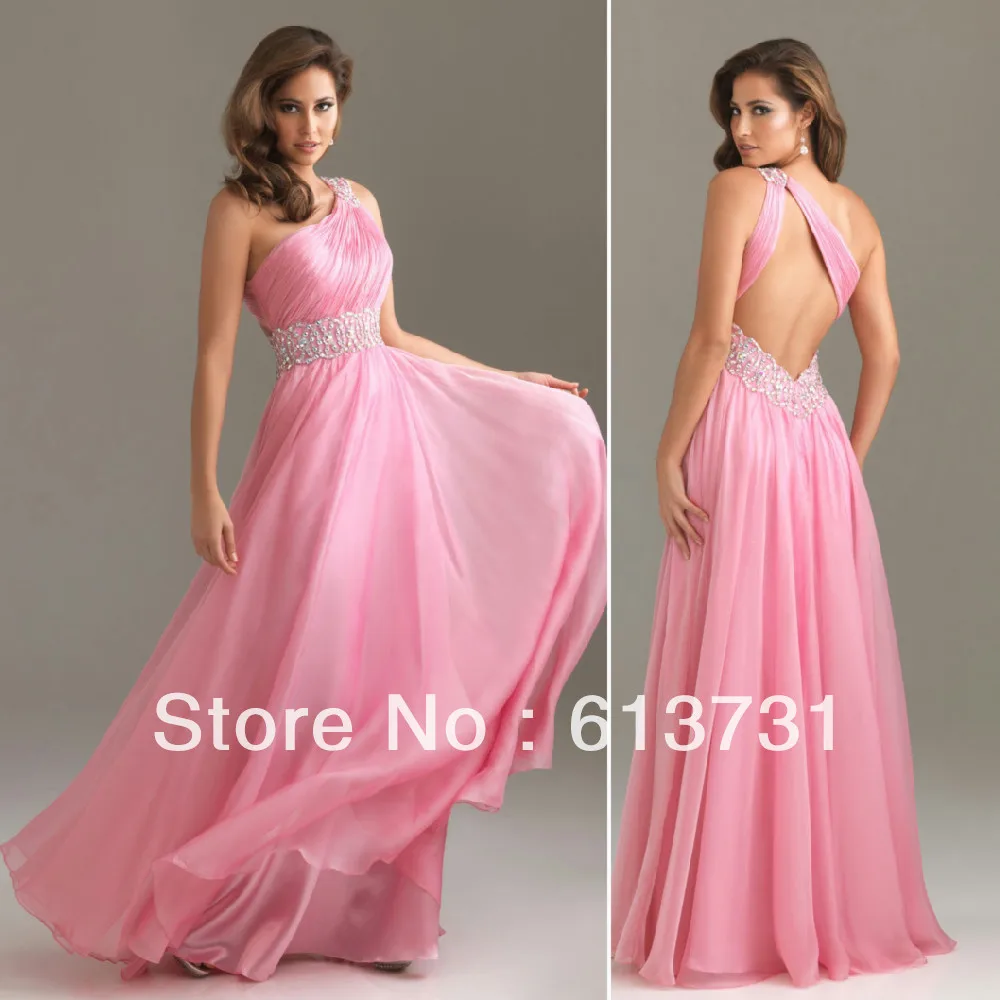 2013 New Arrival Pink One-Shoulder Long Prom Dresses Fashion Chiffon Evening Party Beading Waist For Special Occasion | Свадьбы и
