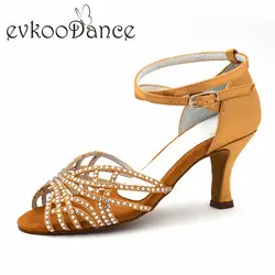 Танцы Обувь Tan Высота каблука 7 см Атлас Туфли для латинских танцев Размеры США 4-9.5 удобные Zapatos де Бейл для Для женщин NL183