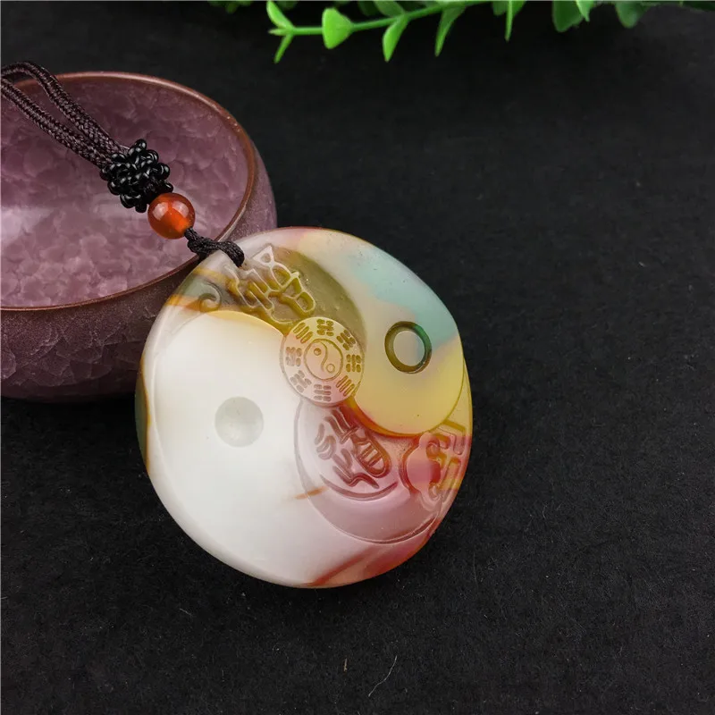 

China hand carved green white jade Gobi Natural Jade fengshui Safety Pendant Necklace