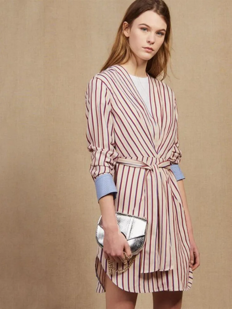 

Women Dress New 2019 Spring and Autumn Slim Fit Waist Striped Short Style Robe Femme Shirt Dress Casual Long Sleeve