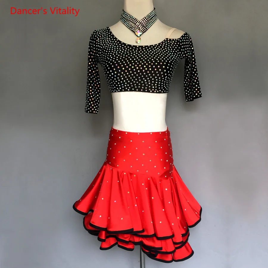 

Adult/Child Latin Dance Competiton Suit Half Sleeves Tops+Three Layer Skirt 2pcs Set For Women/Girls Stage Performance Clothing