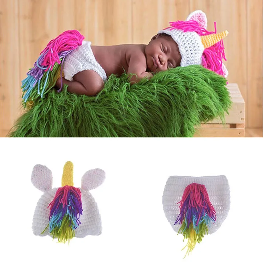 Crochet Baby Unicorn Photo Props Newborn Photography Prop Unicorn Hat and Diaper Cover Set Infant Halloween Costume 0-6M (7)