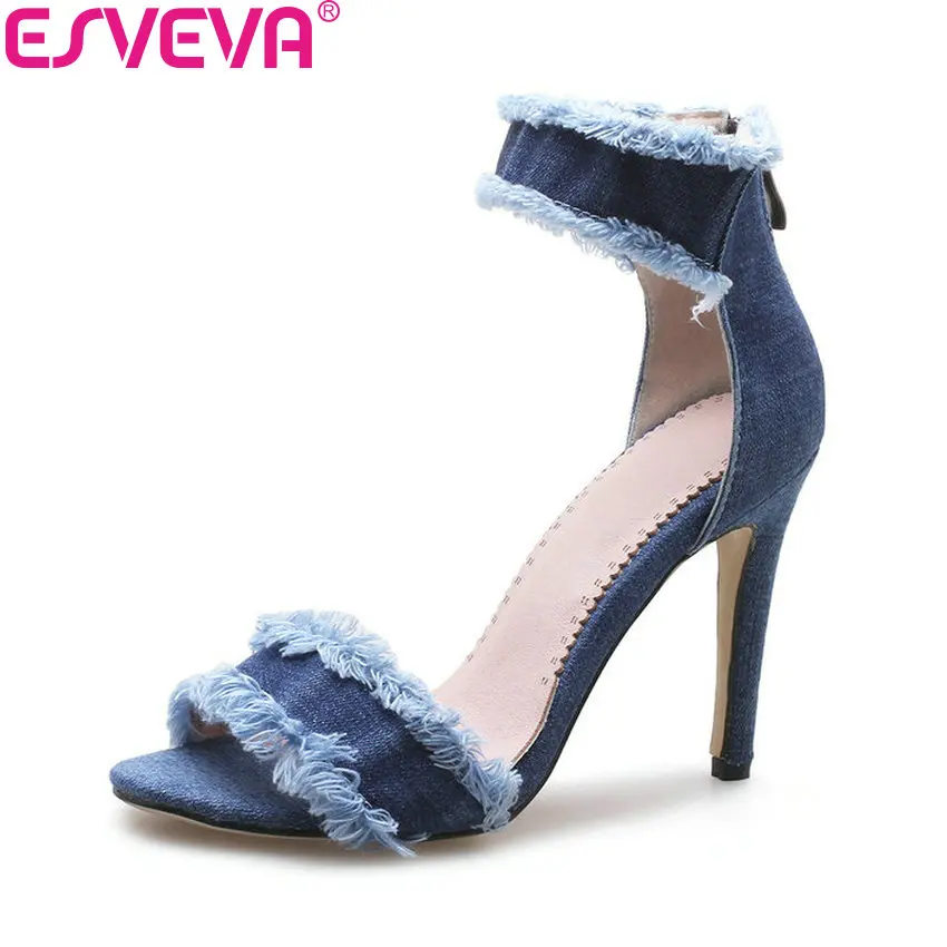 

ESVEVA 2018 Summer Shoes Thin Heels Zippers Sexy Summer Women Sandals High Heels Denim PU Elegant Sandals Women Shoes Size 34-43