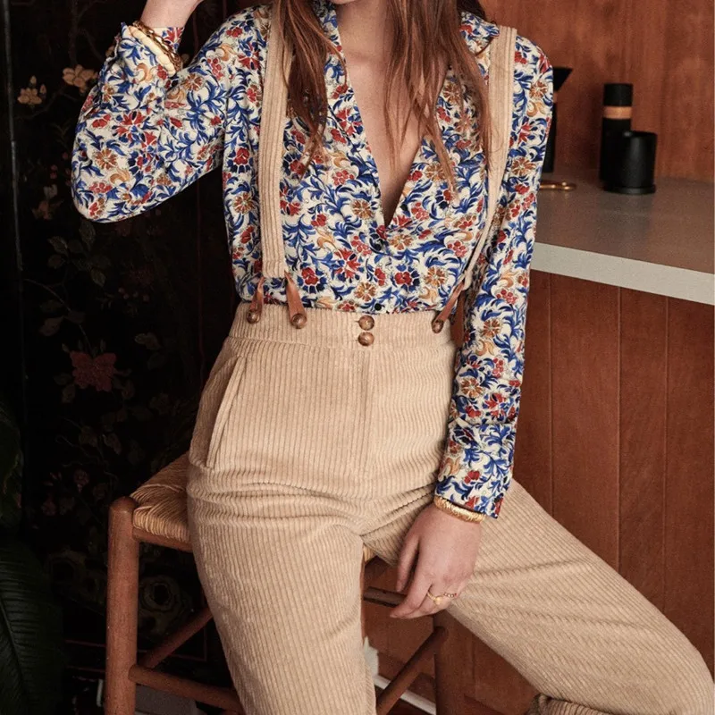 

2019 New V-neck Long Sleeve Blouse womens tops and blouses Shirt Casual Flower Floral Print