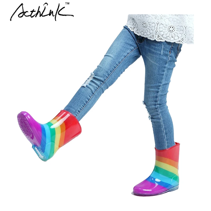 ActhInK New 2018 Kids Rainbow Rainboots Girls Striped Patch Antiskid Wellies Children Spring Rain Boots Boys Flat Fashion Boots ActhInK New 2018 Kids Rainbow Rainboots Girls Striped Patch Antiskid Wellies Children Spring Rain Boots Boys Flat Fashion Boots