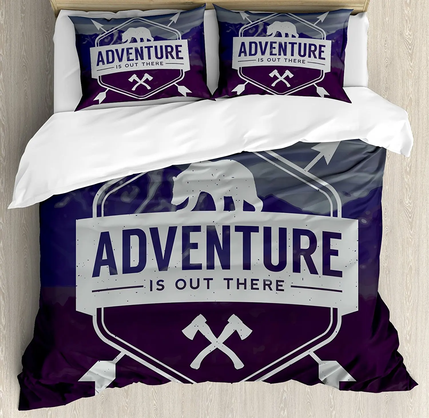 Adventure Duvet Cover Set Logo with a Motivational Quote Hatchets and Bear Mountain Landscape Bedding Stale Blue | Дом и сад