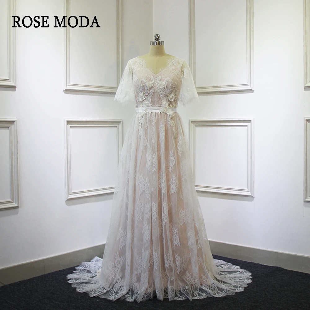 

Rose Moda V Neck Lace Wedding Dress with Short Sleeves Ivory over Blush Pink Wedding Dresses 2018