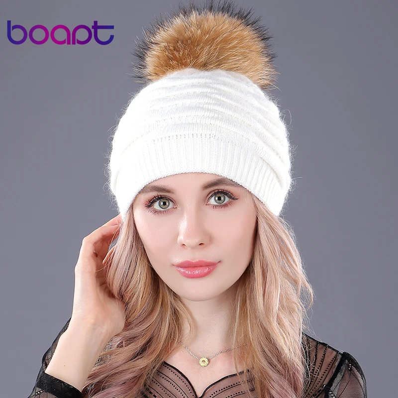 [boapt] soft rabbit double layer knitting cap real raccoon fur fluffy