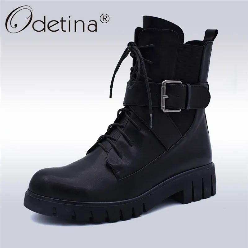

Odetina New Fashion Genuine Leather Motorcycle Boots Women Platform Chunky Heel Lace Up Ankle Boots Side Zip Shoes Winter Autumn