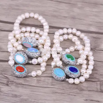 

5PCS ZYZ158-0173 Handmade pearl bracelet, Pave Crystal Faceted Stone Pearl Beads Stertch Bracelet