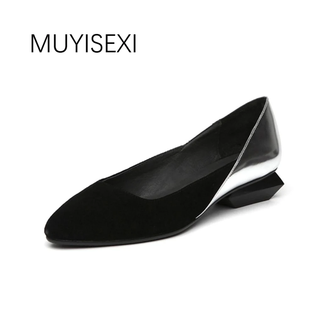 Goedkoop Lente dames Schoenen vrouwen Echt Rundleder Onregelmatige Vierkante Hak 3 cm Puntschoen Slip Op lage Hak kantoor HL13 MUYISEXI