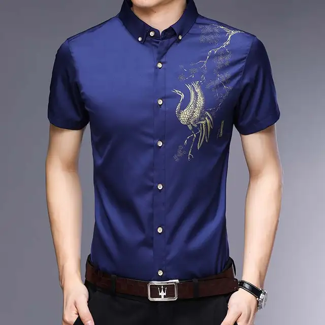 2019 short sleeve social peacock men shirt dress casual slim fit summer ...